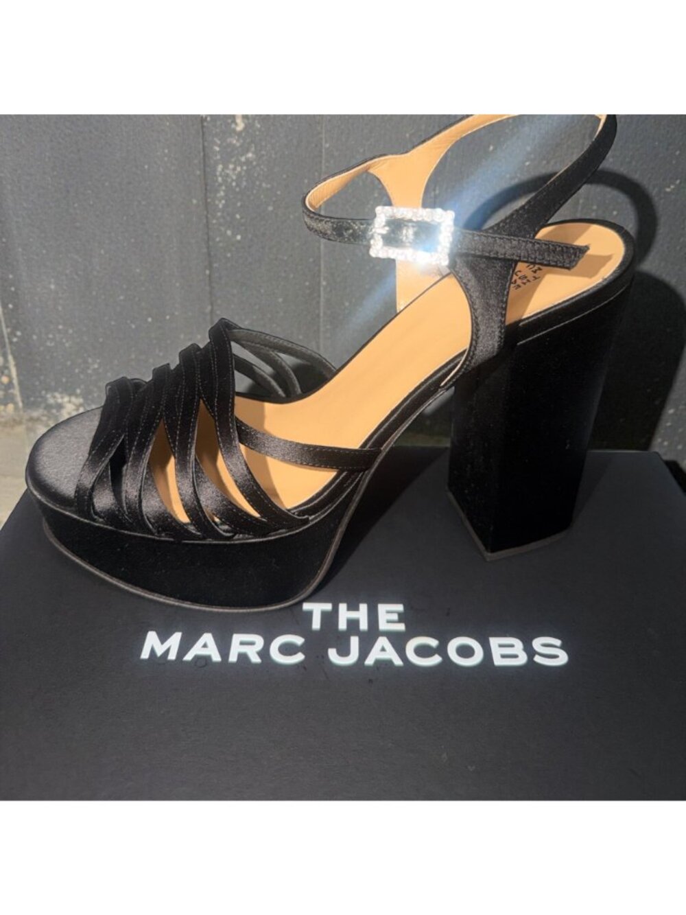 Marc Jacobs The Gram Sandal Women 8.5 Black Satin Crystal Formal Heel Platform